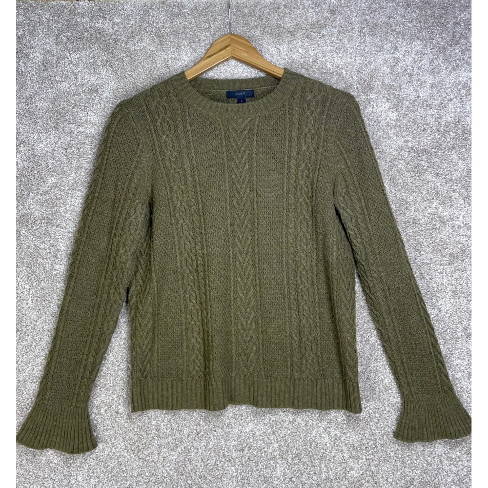 J. Crew Wool Cable Knit Sweater Womens S Olive Green Ruffle Cuff Dark Academia